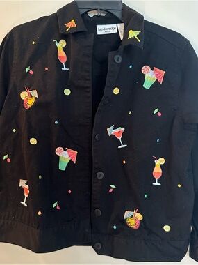 Breckenridge Women PM Black Jean Jacket Embroidered Cocktail/Margarita Glass VTG